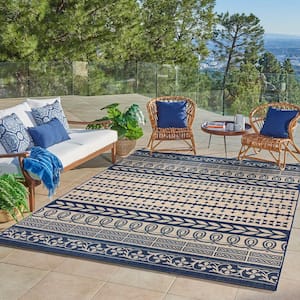 Paseo Burke Striped Sand/Navy 6 ft. x 9 ft. Striped Indoor/Outdoor Area Rug