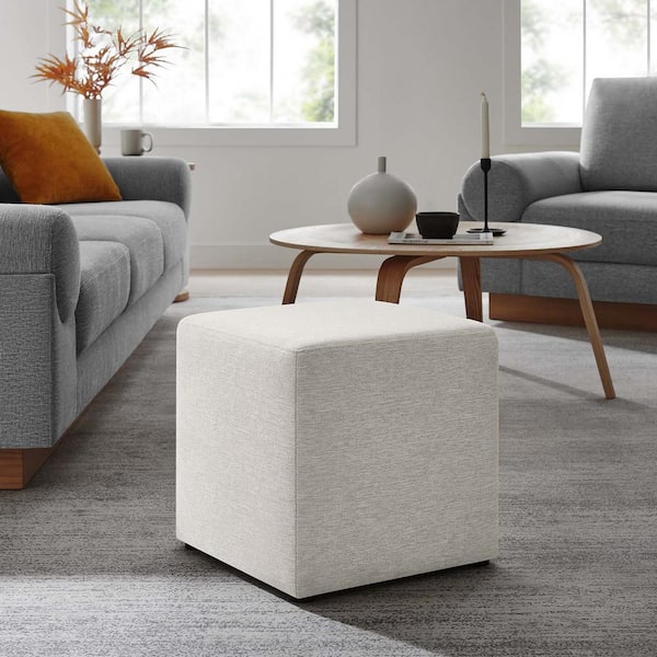 Callum 17 in. Square Woven Heathered Fabric Upholstered Ottoman in Heathered Weave Ivory