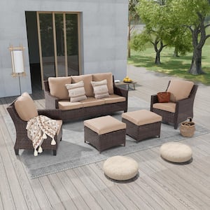 5-Piece Brown Wicker Outdoor Conversation Seating Sofa Set, Sand Cushions with 3-Seater Sofa, Ottomans