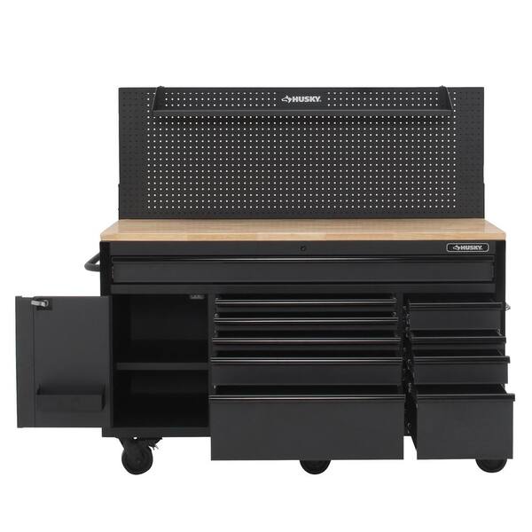 Heavy-Duty 61 in. W, Deep 10-Drawer 1-Door Tool Chest Mobile Workbench in Matte Black with Flip-up Pegboard Heavy-Duty 61 in. W, Deep 10-Drawer 1-Door Tool Chest Mobile Workbench in Matte Black with Flip-up Pegboard
