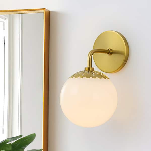 HUOKU Ceder 5.9 in. W 1-Light Aged Brass Bathroom Vanity Light Floral Polished White Glass Wall Sconce Above Mirror