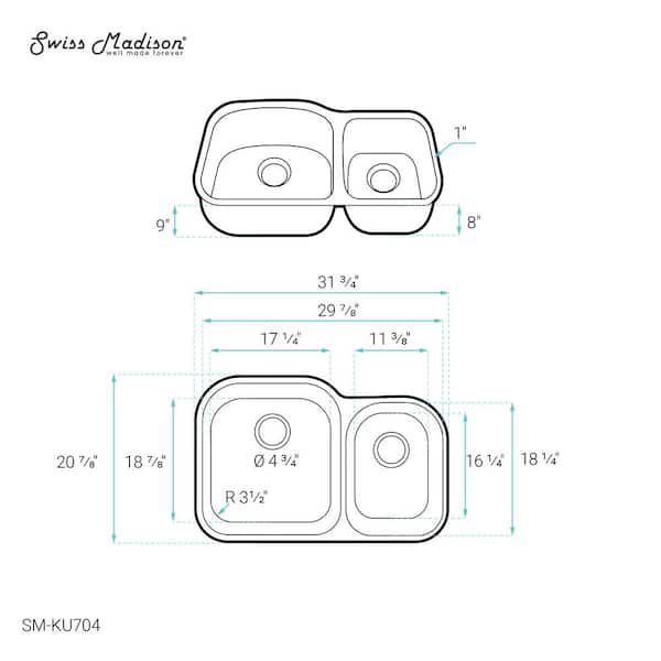 Swiss Madison Toulouse 32 in. x 21 in. Stainless Steel, Dual Basin