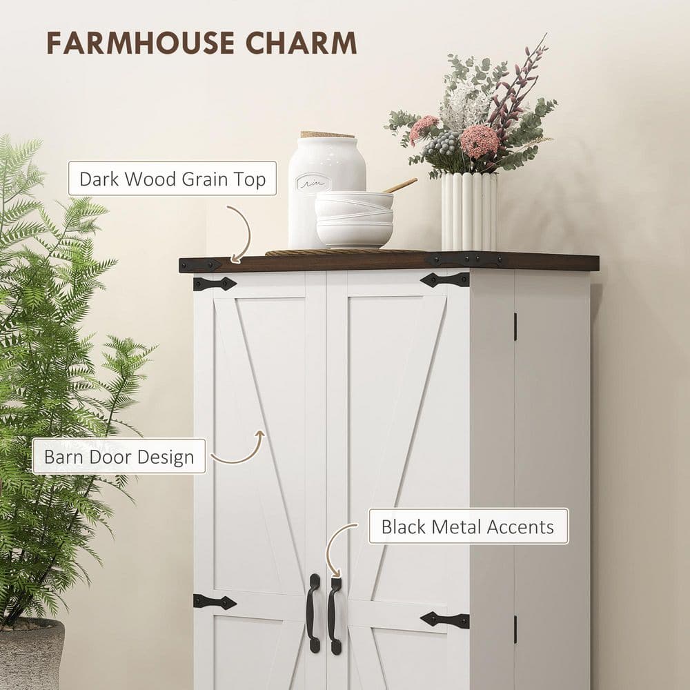 White Farmhouse Kitchen Pantry Cabinet with LED Light and Adjustable Shelves