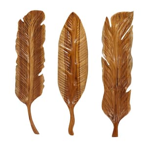 Teak Wood Brown Handmade Carved Feather Bird Wall Decor (Set of 3)