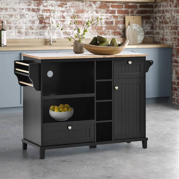 Siavonce Black Solid Wood 18.10 in. W Kitchen Island with Storage 