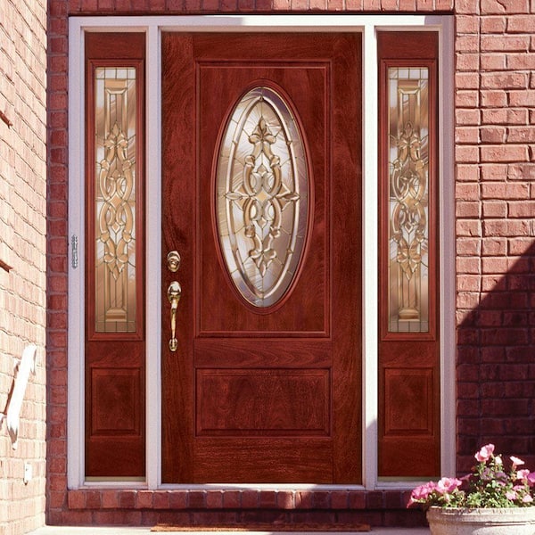 63.5 in.x81.625in.Silverdale Brass 3/4 Oval Lt Stained Cherry Mahogany Rt-Hd Fiberglass Prehung Front Door w/Sidelites