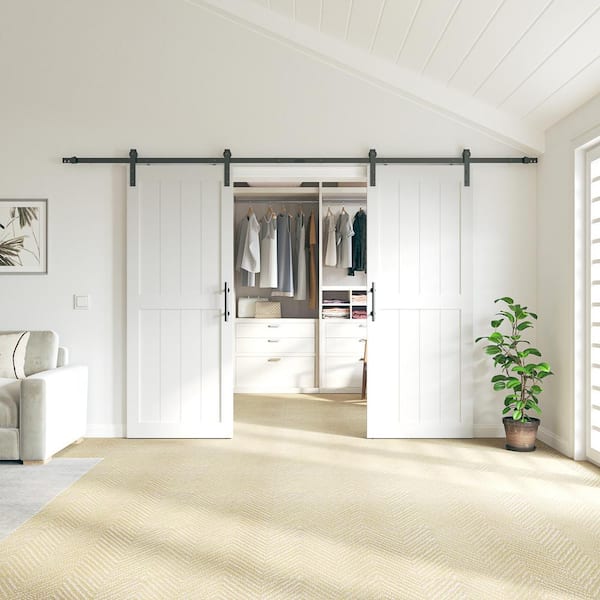 SANDING 64 in. x 84 in. MDF Sliding Barn Door with Hardware Kit, Covered with Water-Proof PVC Surface, White, H-Frame