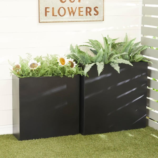 Litton Lane 28 in., and 24 in. Large Black Metal Indoor Outdoor Planter (2- Pack)