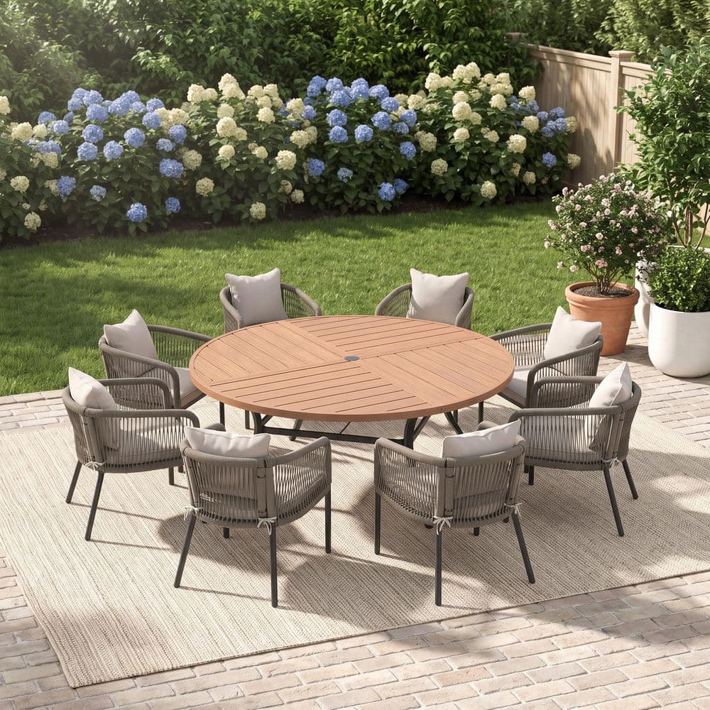 9-Piece 63 in. Walnut Metal Round Outdoor Dining Set with Umbrella Hole, 8 Gray Rattan Rope Chairs with White Cushions price history on PriceWatchPro
