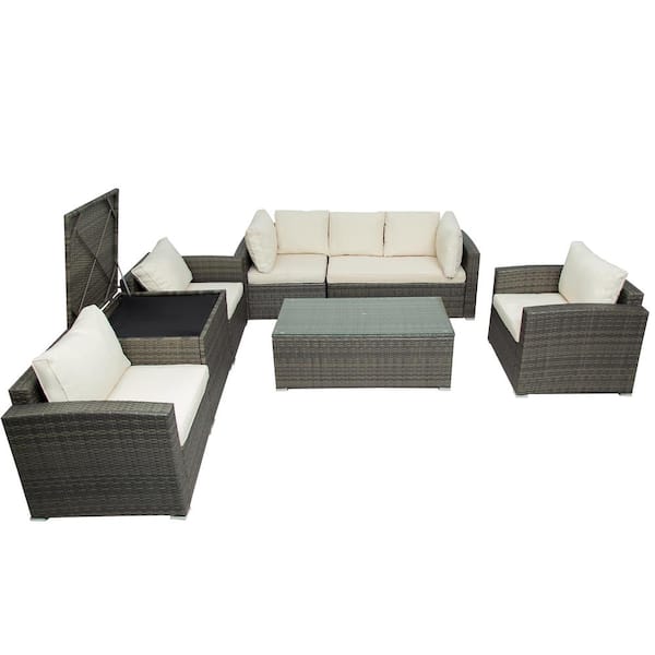 URTR 7-Piece PE Rattan Wicker Patio Conversation Outdoor Sectional Sofa Couch with Table and Storage Box, Beige Cushion