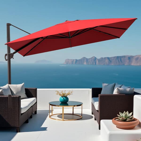 CLOUDFLY 11 ft. x 9 FT. 360 Rotation Outdoor Cantilever Umbrella Fade  Resistance Offset Patio Umbrella in Red with Cross Stand 52PURED