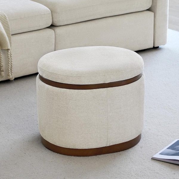 Tiberius White Fabric Modern Round Storage Ottoman with Solid Wood Frame for Living Room and Bed Room