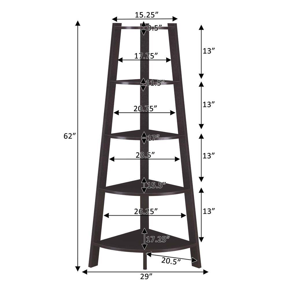 Espresso Wide Corner Wood Bookcase with 5 Tiers