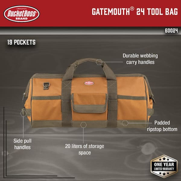 Gatemouth 24 in. Tool Bag in Brown and Green with 36 Pockets