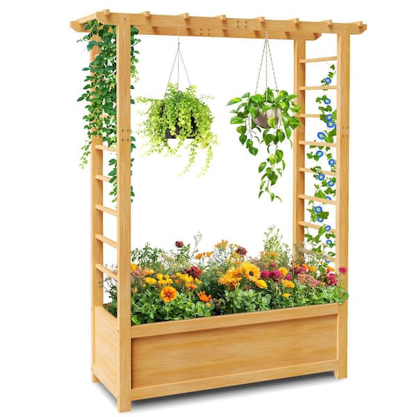 ABORON Raised Garden Bed with Trellis Freestanding Wood Planter Box with Hanging Roof and Drainage Holes Flat-Top