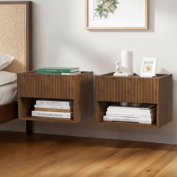 Brown Walnut 1 Drawer 16 in. W Floating Wall Mounted Bedroom Nightstand with Storage Drawer and Shelf, (Set of 2)