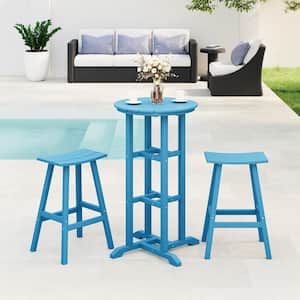 Laguna 3-Piece HDPE Weather Resistant Outdoor Patio Bar Height Bistro Set with Saddle Seat Barstools, Pacific Blue
