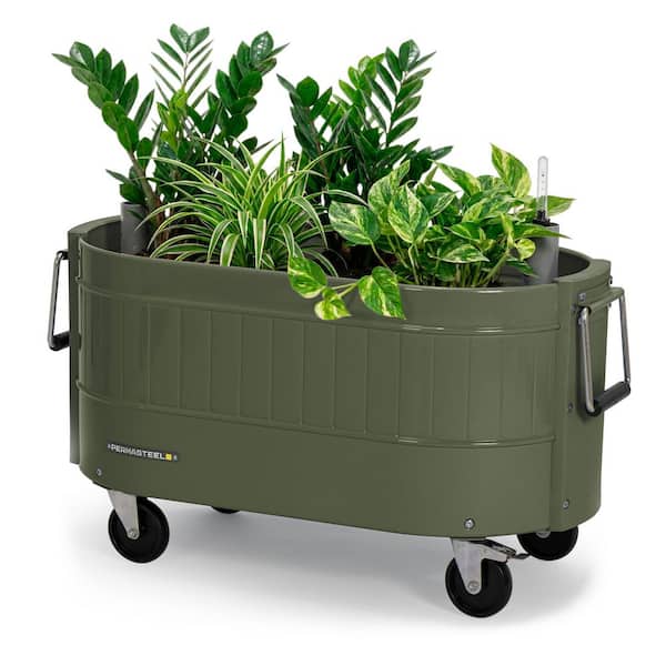 29.5 in. L x 15 in. W x 10 in. H Self-Watering Steel Garden Bed, Rolling Planter, Caster Wheels, Green