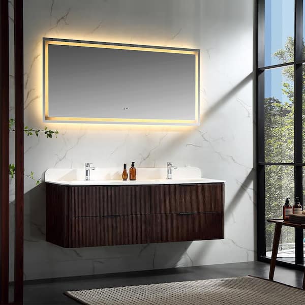 Wenlorin 60 in. Double Sinks Floating Walnut Bath Vanity with White Acrylic Top Pre-Assembled