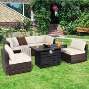 7-Pieces Patio Rattan Furniture Set 42 in. Fire Pit Table with Cover Cushioned Off White