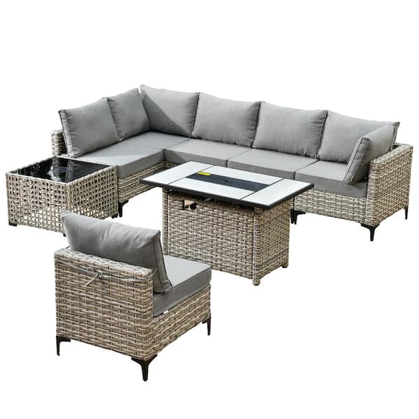 Holston 8-Piece Wicker Modern Outdoor Patio Rectangular Fire Pit Conversation Sofa Sectional Set with Dark Grey Cushions