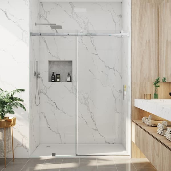 MCOCOD 56-60.5 in. W x 79 in. H Single Sliding Frameless Soft Close Shower Door in Chrome with 3/8 in. Clear Glass