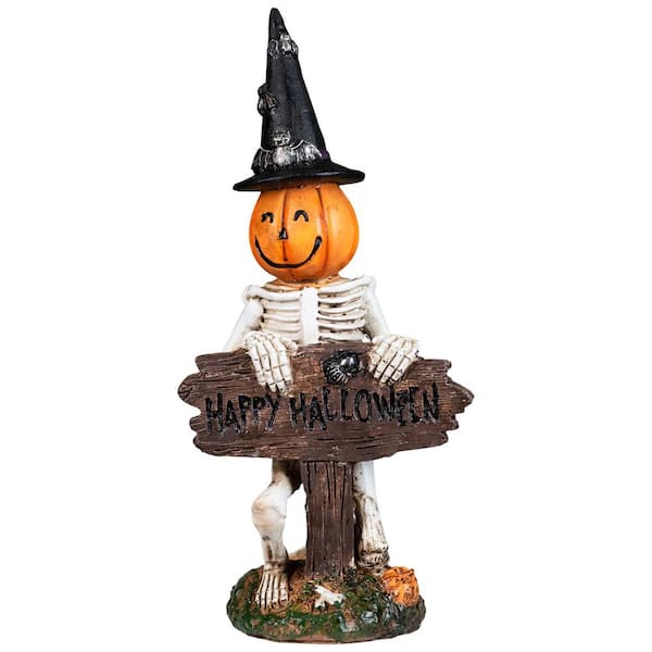 Jack-O-Lantern Skeleton in Witch's Hat and Happy Halloween Sign - 9.5 in.
