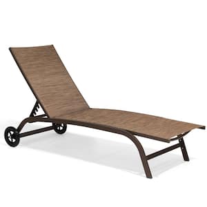 Full Flat 1-Piece Aluminum Adjustable Outdoor Chaise Lounge in Brown with Wheels