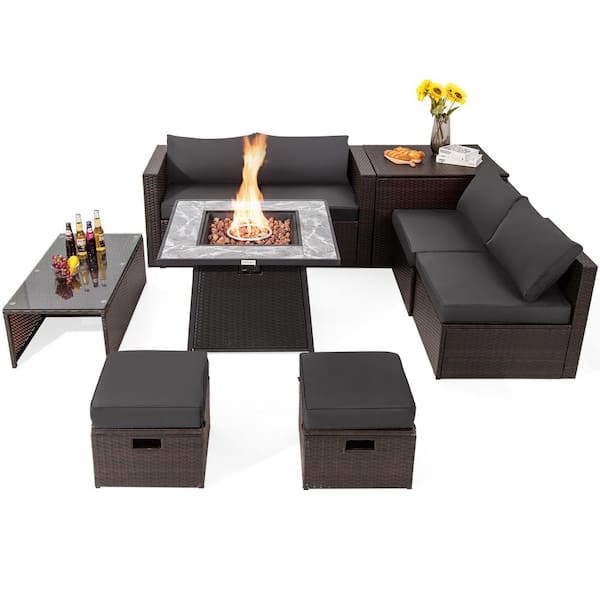 HONEY JOY 35 in. 9-Piece Wicker Patio Fire Pit Set Space-Saving Sectional Sofa Set with Storage Box and Gray Cushions