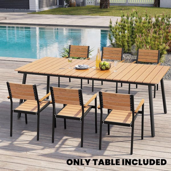 82.7 in. Rectangular Aluminum Faux Wood Top Outdoor Dining Table with Umbrella Hole in Brown