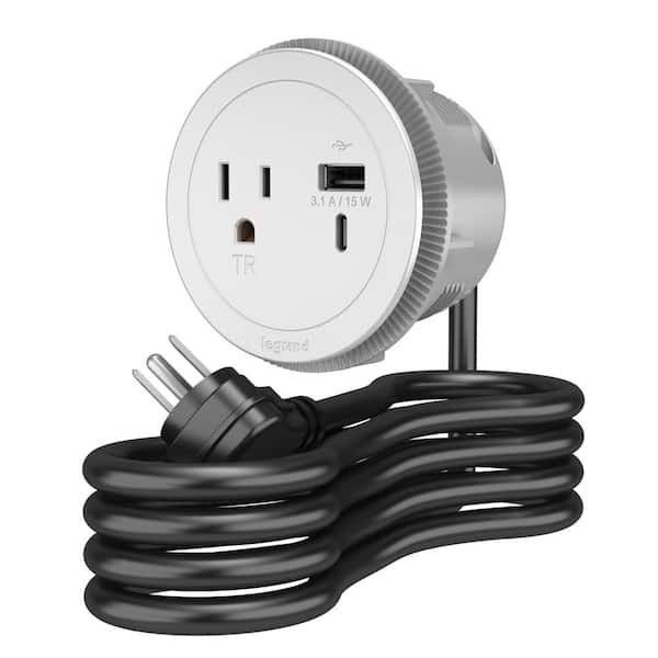 Legrand Round 15 Amp 1-Outlet and 2 Type A/C USB White Recessed Furniture Power Strip with 10 Ft. Cord