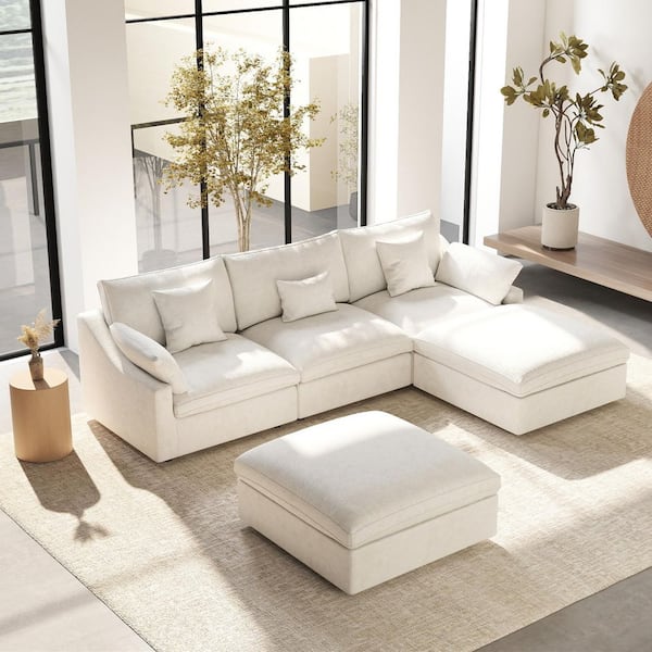 Flared Arm 119 in. Down Filled Linen Modular Sofa Solid Wood U-shaped Cloud Couch with Ottomans,Washable Covers in White