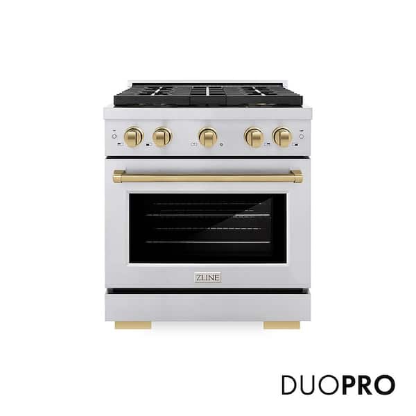 Autograph 30 in. 4.2 cu. ft. Paramount Gas Range with 4-Burner Cooktop and Gas Oven in Stainless with Champagne Bronze