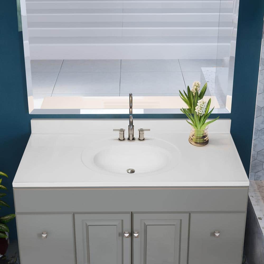 Solid White Cultured Marble Vanity Top with Oval Bowl, 49-Inch
