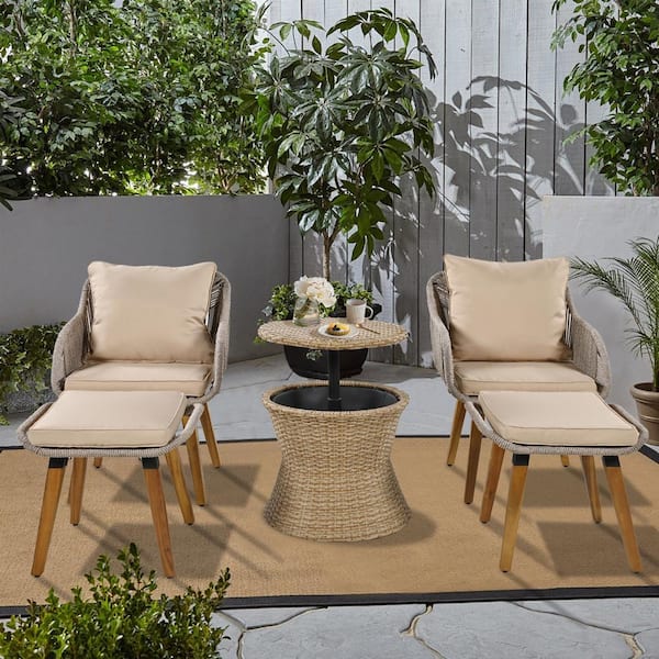 Nestfair 5-Piece Metal Frame Patio Conversation Set with Wicker Cool Bar Table, Ottomans and Brown Cushions