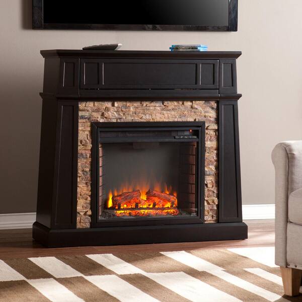 Southern Enterprises Buffalo 44.25 in. Faux Stone Media Electric Fireplace TV Stand in Black
