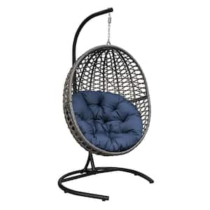 Outdoor Drop Shape 1-Person Wicker Patio Swing with Stand and Navy Blue Cushion