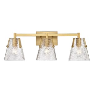 Analia 26.25 in. 3 Light Modern Gold Vanity Light with Clear Ribbed Glass Shade with No Bulbs Included