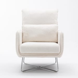 Cream White Polyester Accent Chair Velvet Armchair with Lumbar Pillow for Living Room