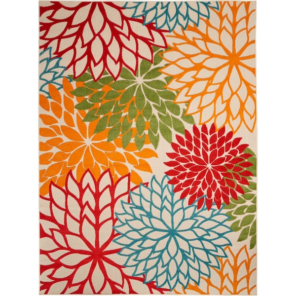 Nourison Aloha Green 8 ft. x 11 ft. Floral Modern Indoor/Outdoor Patio Area Rug