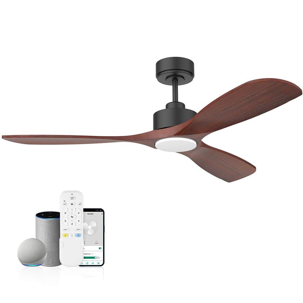 52 in. Modern Outdoor Indoor Dark Wood Ceiling Fans with LED Lights Remote,