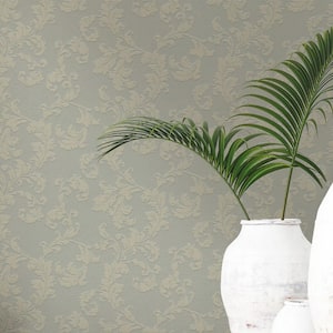 Emporium Collection Beige Acanthus Trail Embossed Metallic Ink Finish Paper Non-Pasted Non-Woven Wallpaper Roll