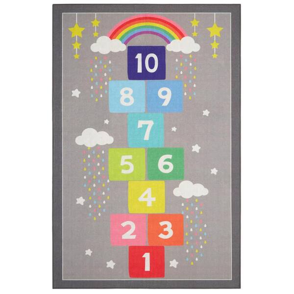 Everwash Imagine Hopscotch Rainbow Grey/Blue 4 ft. x 6 ft. Kid's Washable Area Rug