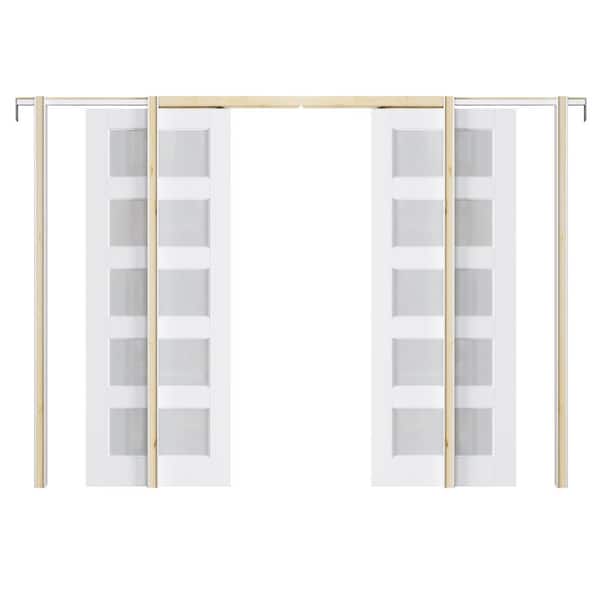 64 in. x 80 in. 5-Lite Glass White Primed MDF Pocket Sliding Door with Pocket Door Hardware Kit (Soft Close Included)