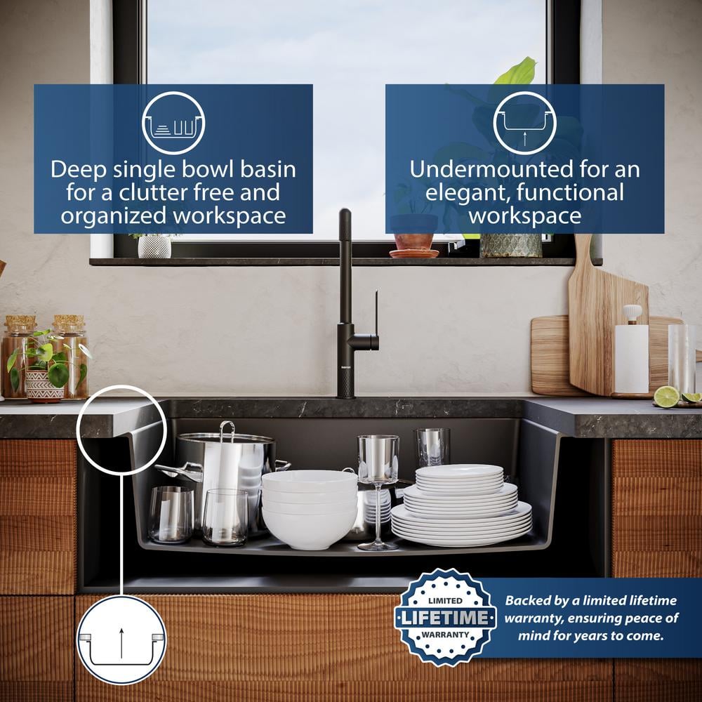 Black Quartz Composite Large Single Bowl Undermount Kitchen Sink