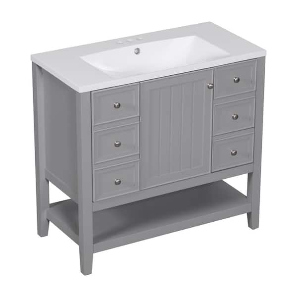 JimsMaison 36 in. W x 18 in. D x 34 in. H Freestanding Bath Vanity in Grey with White Ceramic Top