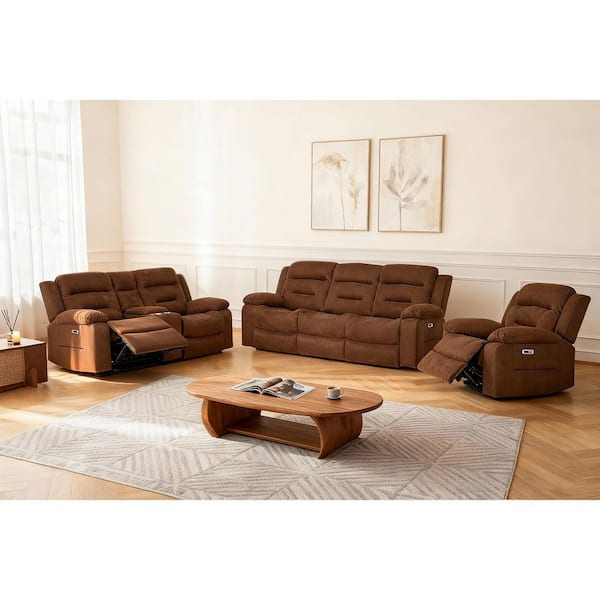 195.5 in 3-Pieces Modular Power Recliner Fabric Sofa Set with USBandUSB-C Charging in Brown