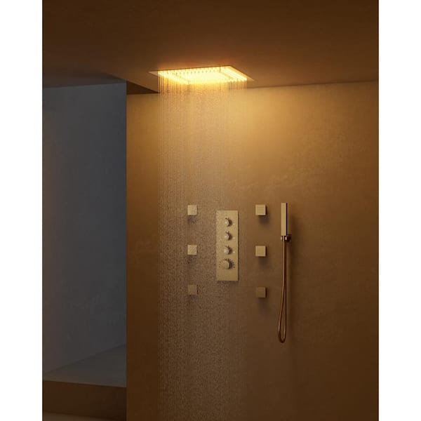 EVERSTEIN Luxury 7-Spray 20 in. Flush Ceiling Mount Fixed and Handheld Shower Head LED in Brushed Gold (Valve Included)