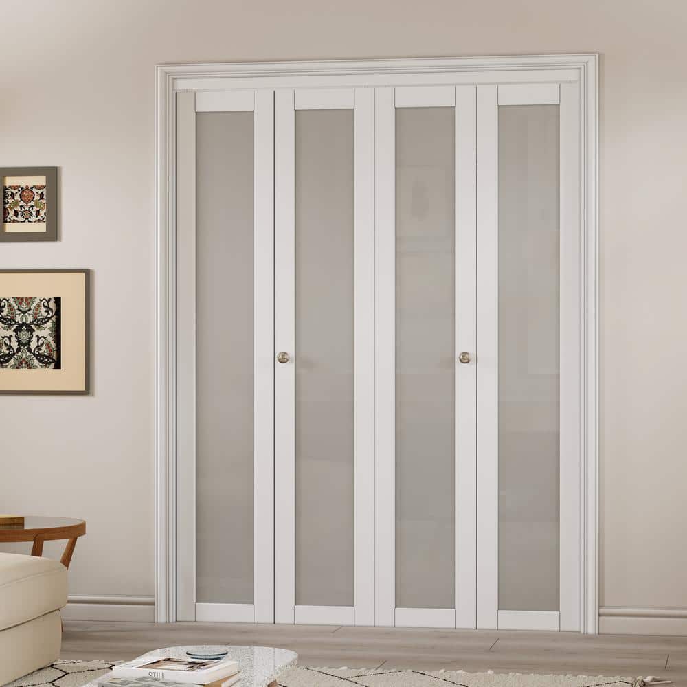 60 in x 80 in White MDF Bi-Fold Door with Frosted Glass