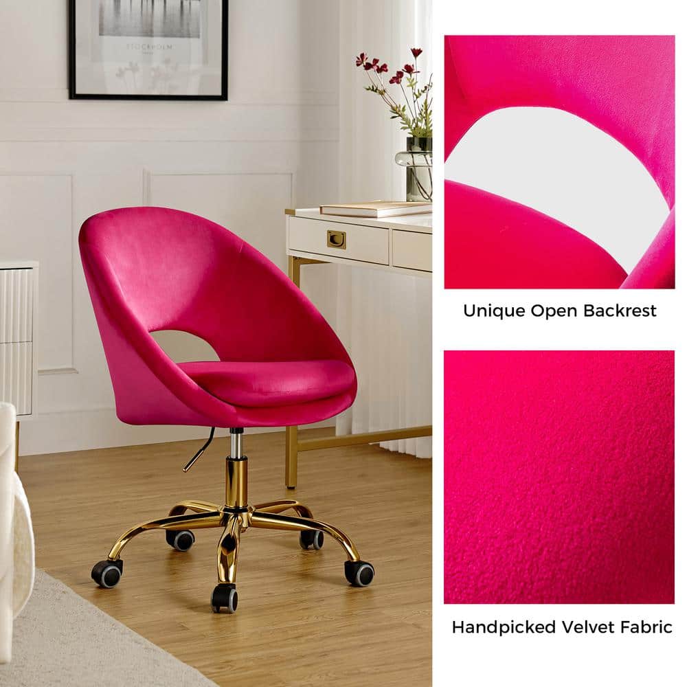 Ergonomic Fuchsia Velvet Swivel Task Chair with Gold Metal Base